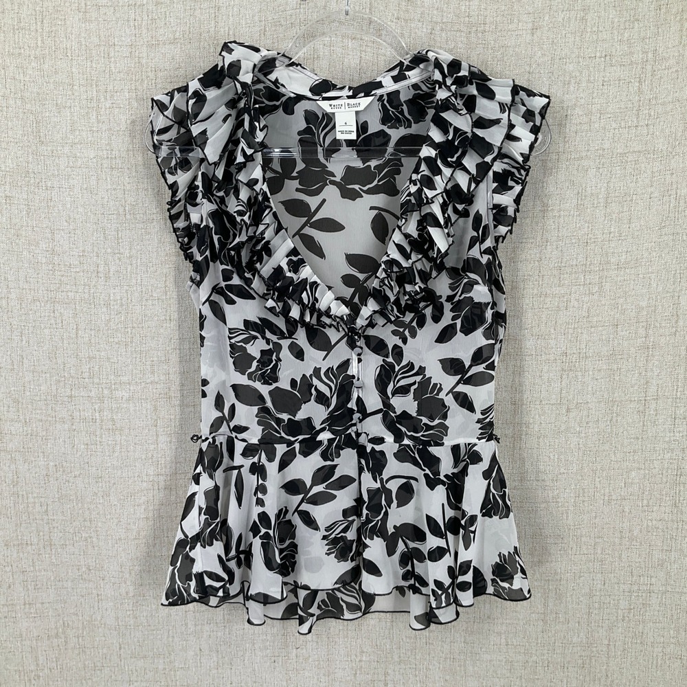 WHBM Blouse Women 6 Black White Floral Ruffle Peplum Romantic Flowy Airy - Picture 1 of 8